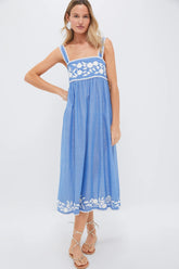 Denim and Cream Chambray Tie Back Dress with Embroidery